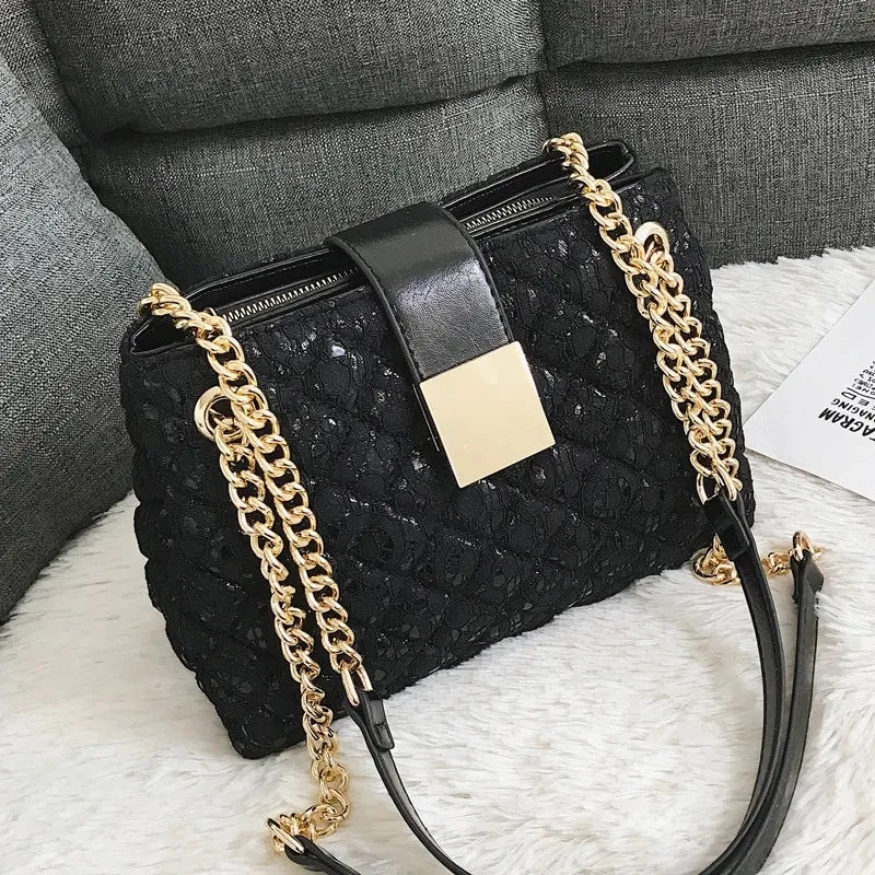 Lace Women's handbag Diamond pattern chain Shoulder bag for Women's Totes  pu leather Ladies crossbody bags bolsa feminina black