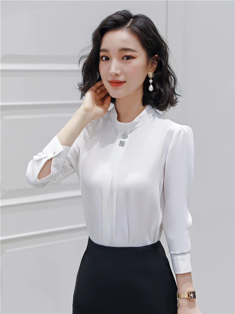 Dushicolorful Blouse Women's Clothing Long Sleeve White  Mint Green Chiffon Blouse OL Ladies Work Wear Shirt Formal Tops