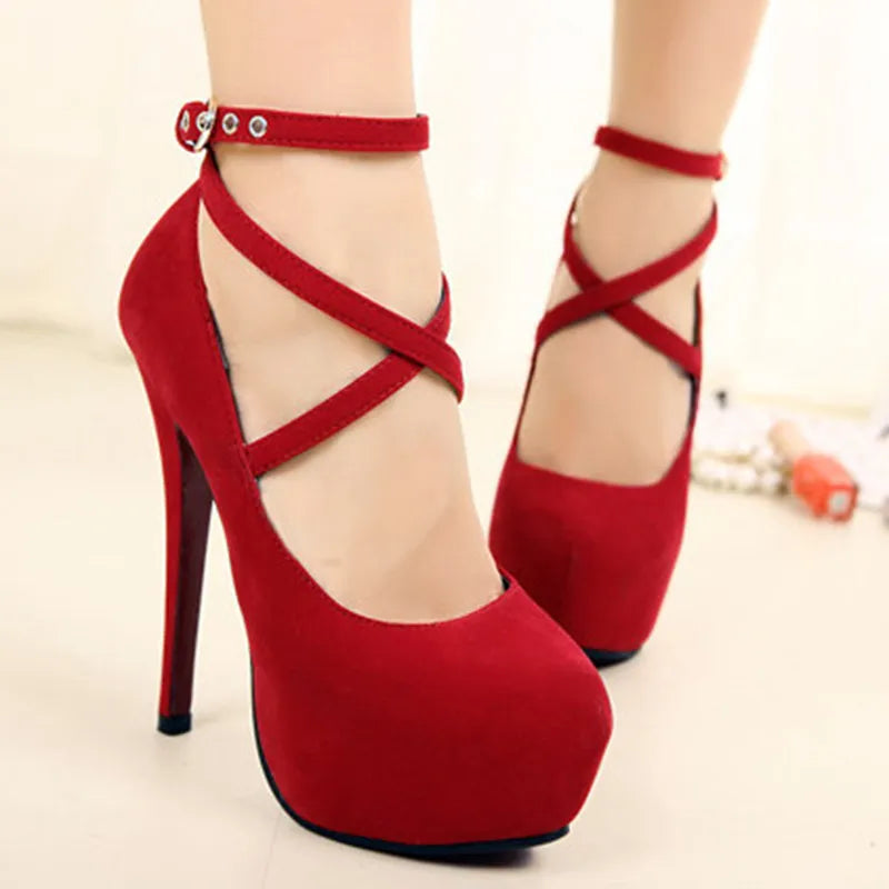 Shoes Woman Pumps Cross-tied Ankle Strap Wedding Party Shoes Platform Dress Women Shoes High Heels Suede Ladies Shoes Plus Size7