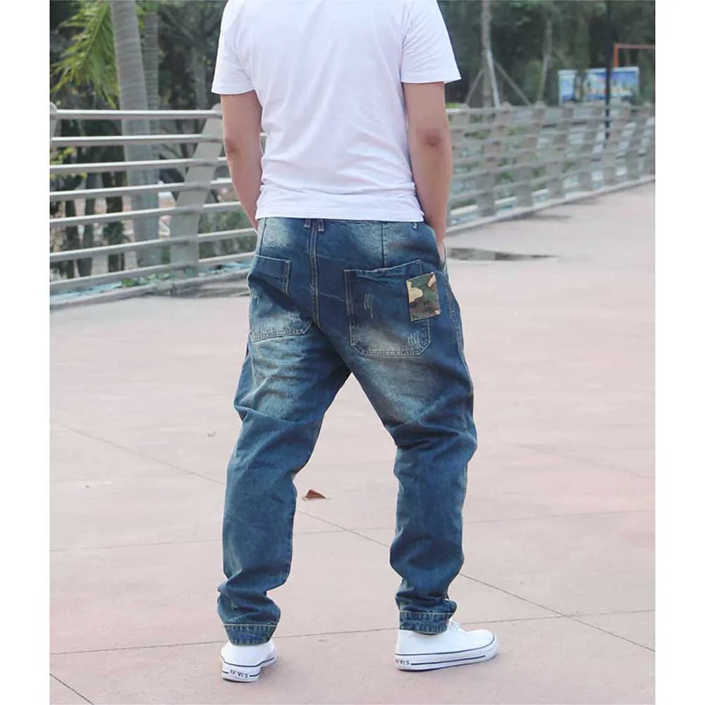 Trendy Harem Jeans Man Camouflage Patch Pocket Denim Pants Loose Baggy Cargo Pants Joggers Trousers Hip Hop Jeans  Men Clothing