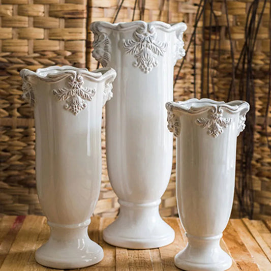 White Vintage Ceramic Vase French Nostalgia Large Vases Planter Classic Porcelain Flowerpot Gardening Decor Cylindrical Vase