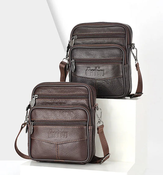 Men's Leather Shoulder Waist Bag Multi-function Mobile Phone Bag Head Layer Cowhide Body Bag Male Chest Bag Shoulder Bag