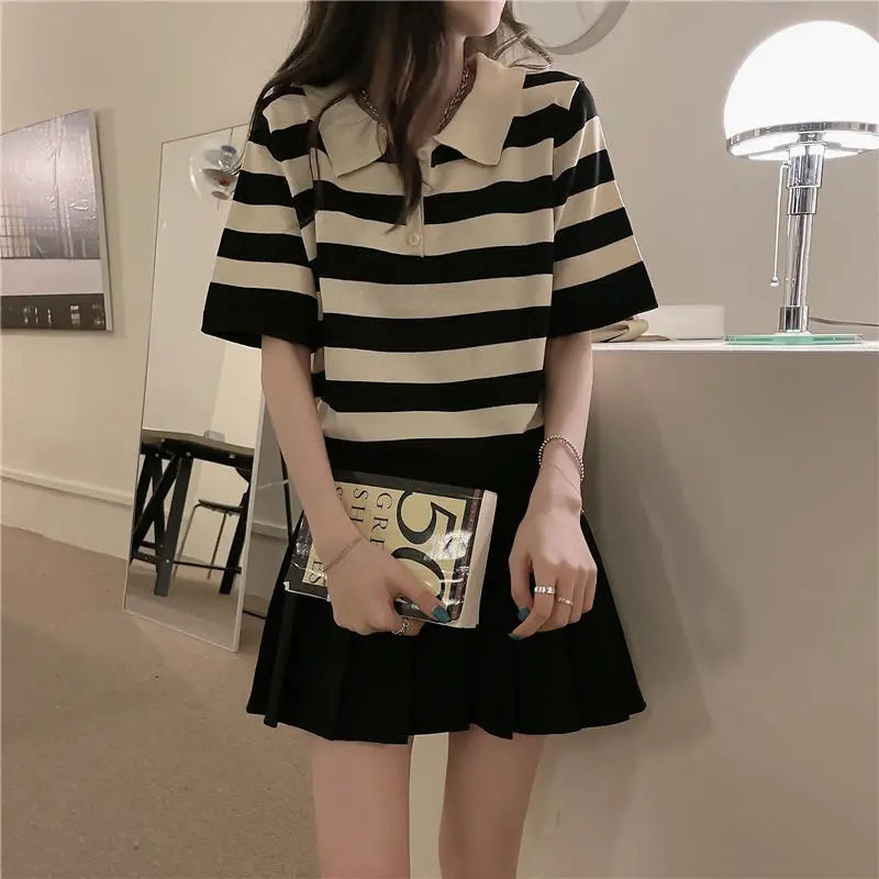 Women's Clothing Summer 2023 Polo Striped Short Sleeve T-shirts Crop Top Female Casual Tee Shirt Ladies Vintage Korean Fashion