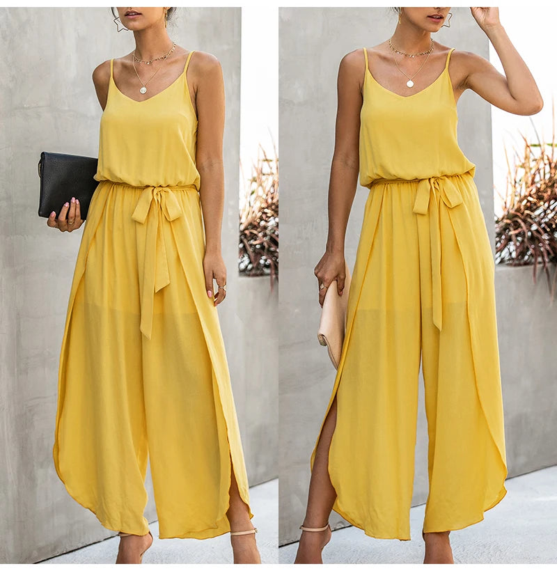 Summer Sexy Backless Wide Leg Jumpsuit Women Bandage Side Split Hem Rompers  Women's Clothing 2023 Combinaison Femme Overalls