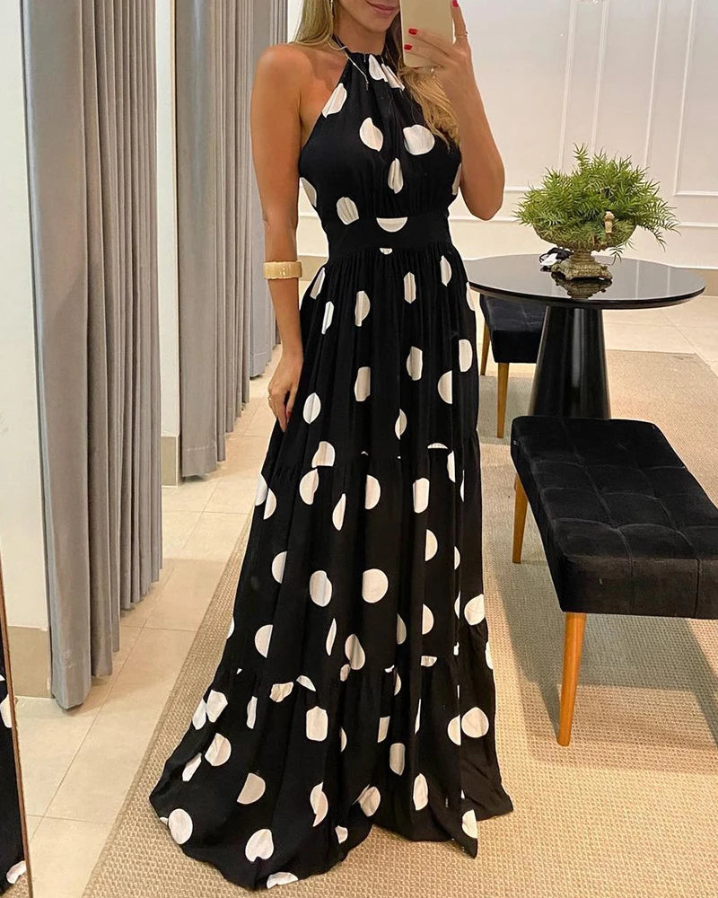 2021 Women's Clothing Spring Summer Polka Dot Print Halter Backless Ruched Maxi Dress Elegant Party Wedding Sleeveless Runway