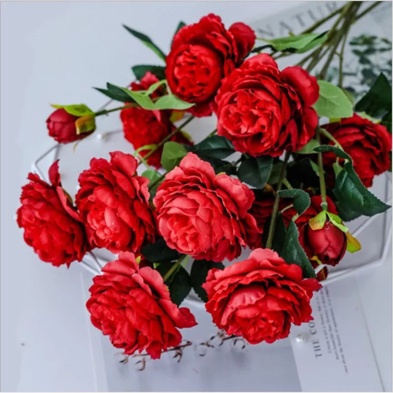 3 Heads Fake Peony Vases for Home Decoration Accessories Wedding Decorative Flowers Scrapbooking Garden Household Products