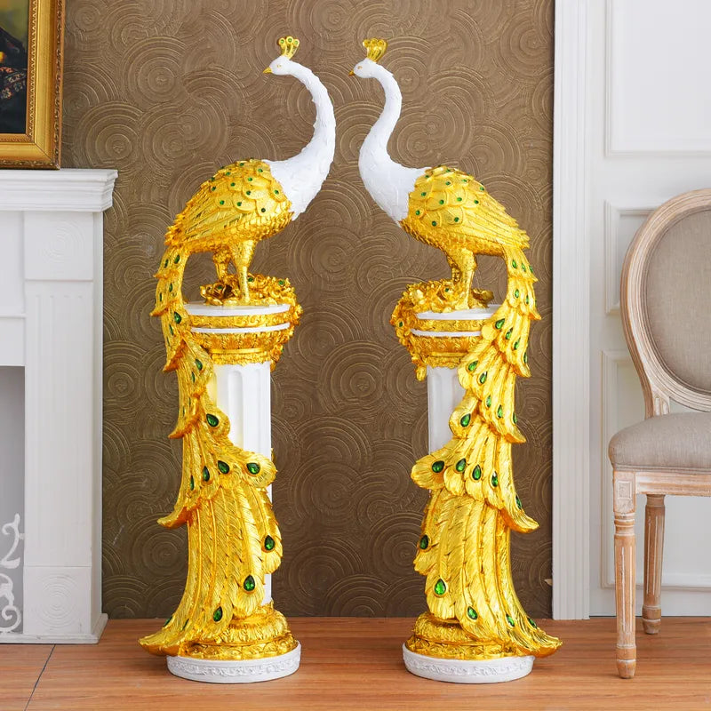 European Luxury Resin Peacock+Pillar Ornaments Crafts Home Livingroom Table Figurines Decoration Hotel Office Desktop Sculptures