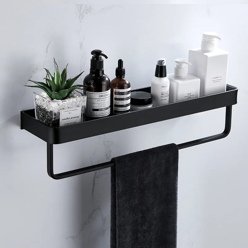 No Drill Black Bathroom Shelf with Towel Bar Wall Shelf Shower Holder Storage Rack  Robe Hooks Bathroom Accessories