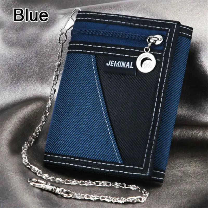 2020 New Fashion Men Boys Girls Plain Canvas Tri-Fold Wallet Card Cash Wallet with Chain