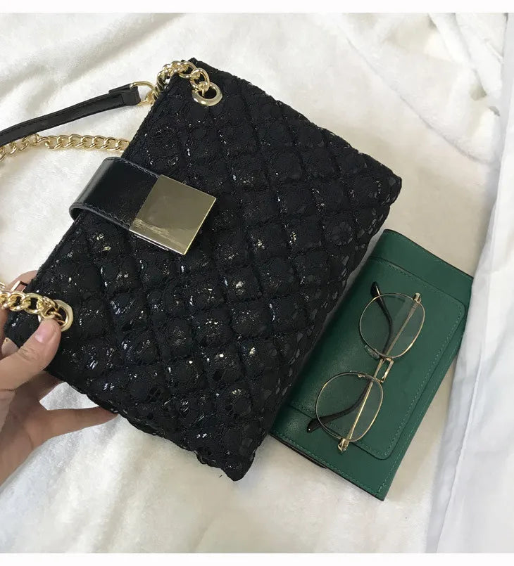 Lace Women's handbag Diamond pattern chain Shoulder bag for Women's Totes  pu leather Ladies crossbody bags bolsa feminina black