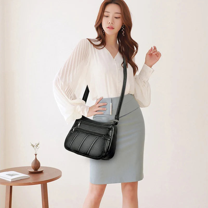 Casual Fashion Women Shoulder Bags Vintage Soft Leather Multi-layer Messenger Bag mama Handbag Crossbody Purse