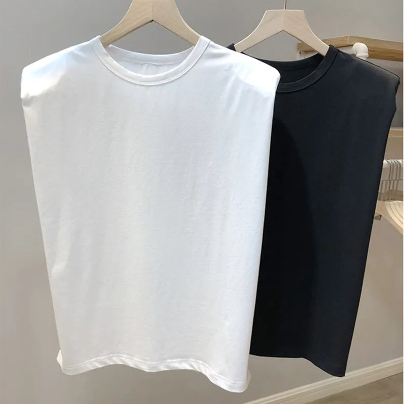 2020 Simple Design Shoulder Pad Women Tops T-shirts Cotton Solid Comfort Summer Women's Clothing White Black Short O-Neck Casual