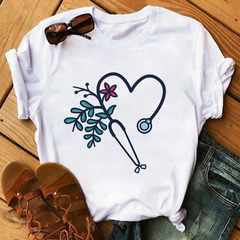 Summer Female T-shirt Nurse Print T-shirt Casual Graphic T-shirt Women's Harajuku Retro Top T-shirt Women's Clothing