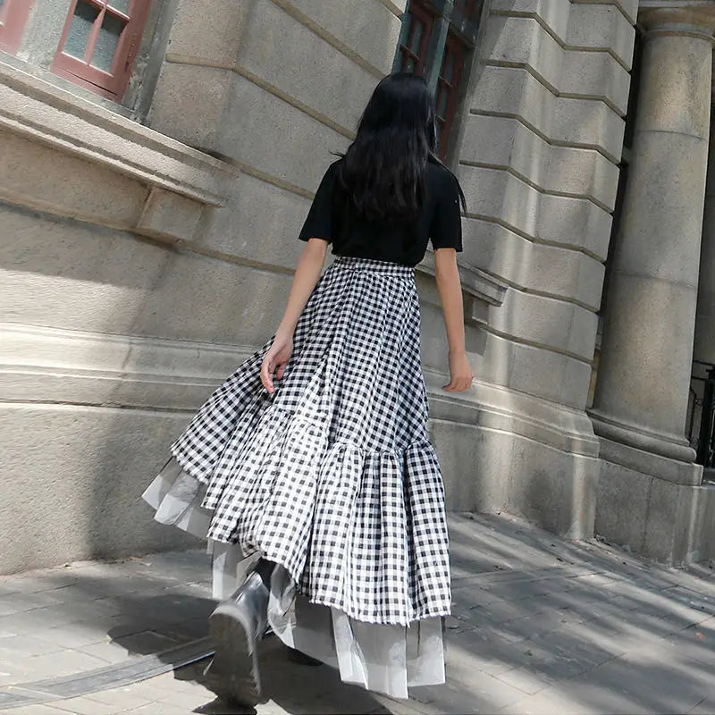 Black and white plaid tulle skirt women irregular layered skirts 2021 summer fashion Korean women's clothing