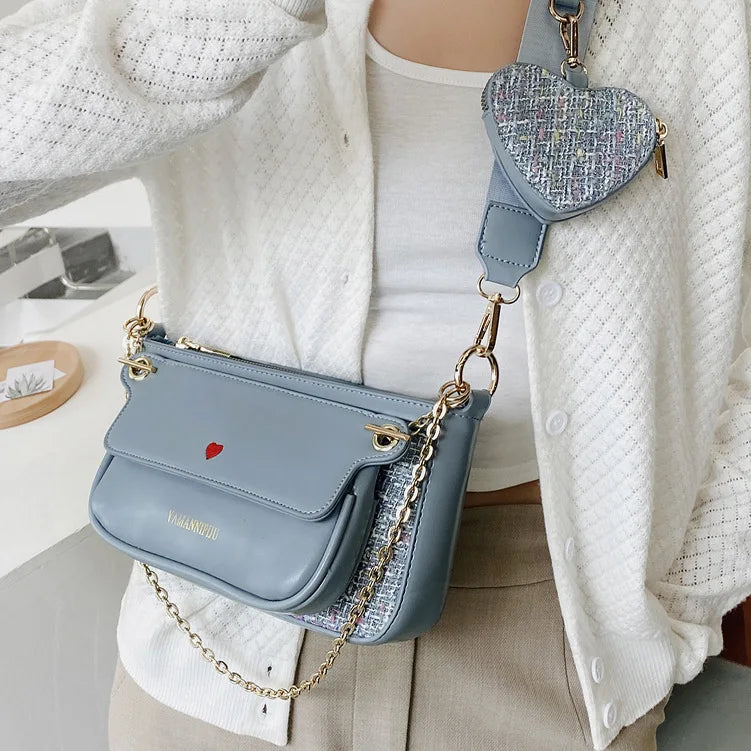 Luxury Heart Bag 2 Pcs/set Women Shoulder Bags Casual Solid Color Women Bag 2020 Chain Wide Strap Crossbody Messenger Bags Purse