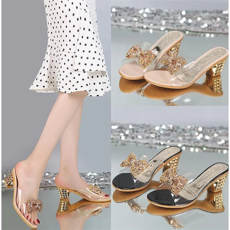 Summer Women's Rhinestone Crystals Heels Peep Toe Sandals sexy Clear Heels Slippers Square Heeled Ladies shoes pumpl Sandals