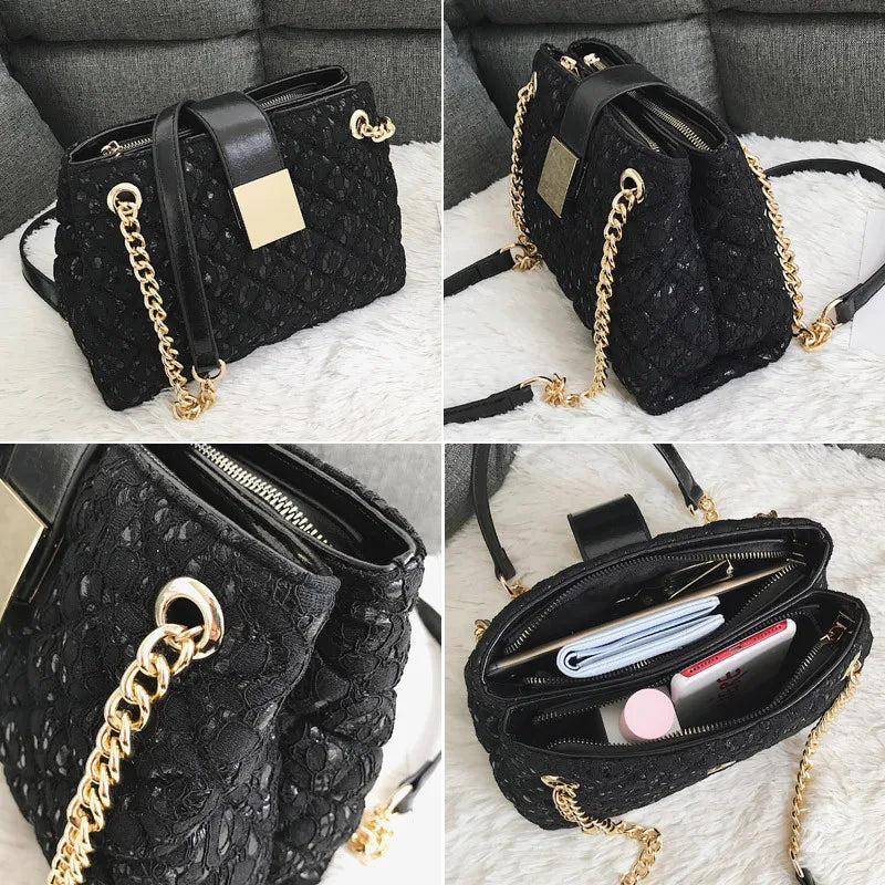 Lace Women's handbag Diamond pattern chain Shoulder bag for Women's Totes  pu leather Ladies crossbody bags bolsa feminina black