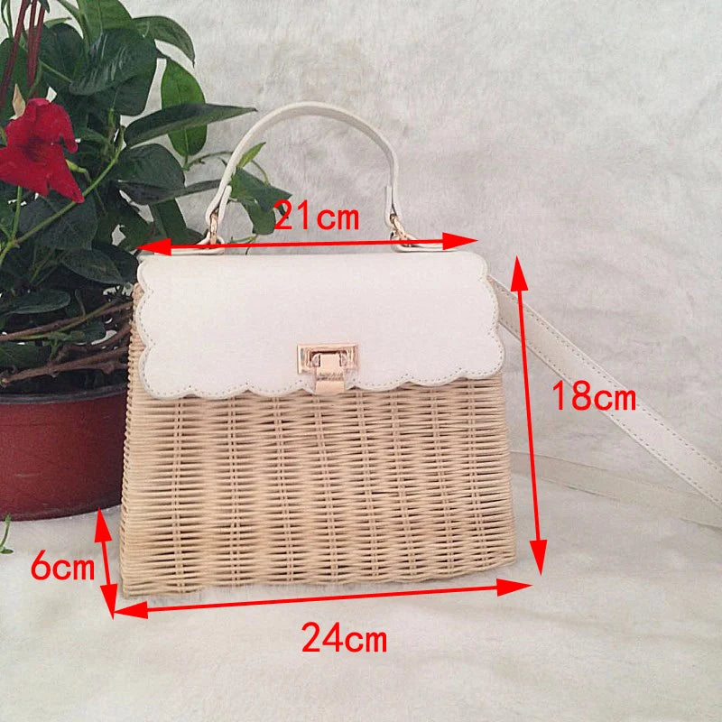 New Leather Straw Woven Patchwork Tote Bags Handmade woven rattan handbag Women Shoulder Bags Vintage Crossbody Bag