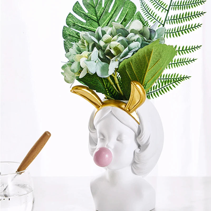 White Resin Vase Flower Pot Nordic Style Cute Human Head Flower Vases Basket Pen Brushes Holder Home Decoration