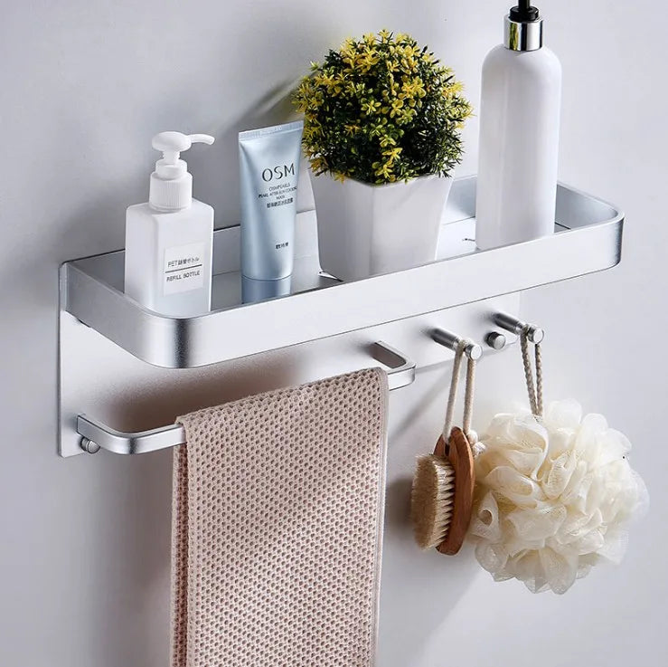 Black Space Aluminum Bathroom Shelves With Hooks Wall Mount Bathroom Shelf Bath Storage Rack Towel Holder