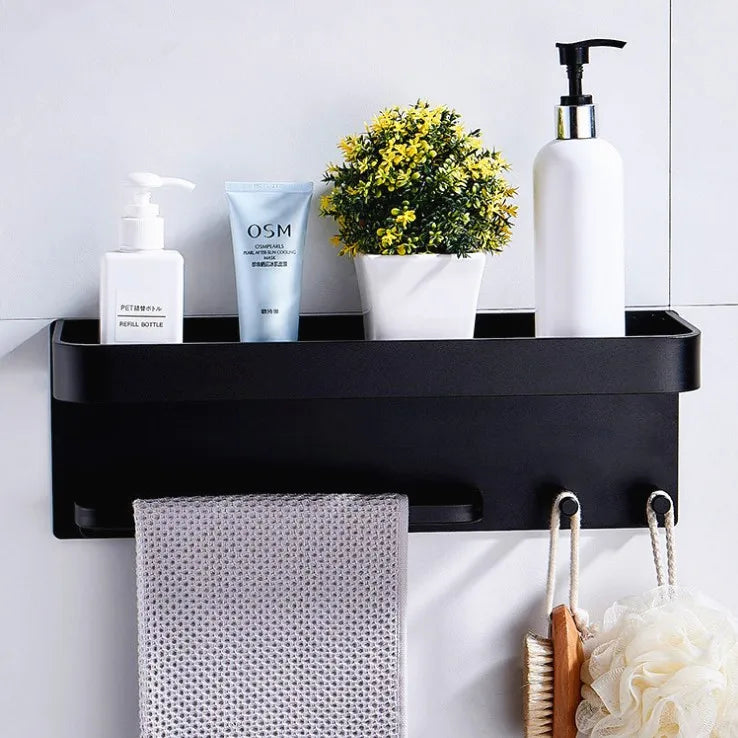 Black Space Aluminum Bathroom Shelves With Hooks Wall Mount Bathroom Shelf Bath Storage Rack Towel Holder