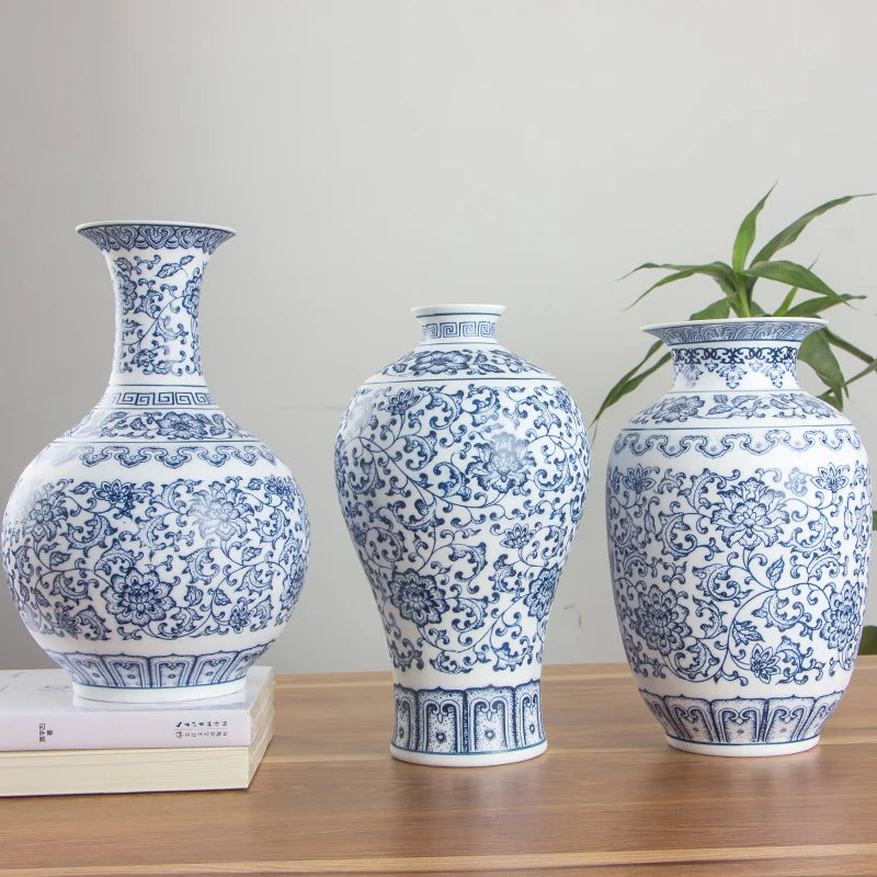 No Glazed Blue and White Porcelain Vases Interlocking Lotus Design Flower Ceramic Vase Home Decoration Jingdezhen Flower Vases