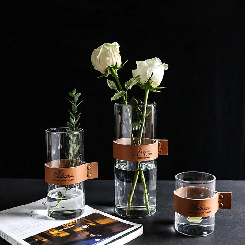 Nordic Creative Glass Flower Vase Tabletop Hydroponic Plant Vases Leather Handle Water Cup Mug Home Bonsa Decor Accessories