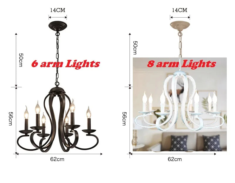 Modern candle Chandelier lighting Nordic American coutry style Fixtures Vintage white/black wrought Iron Home Lighting E14