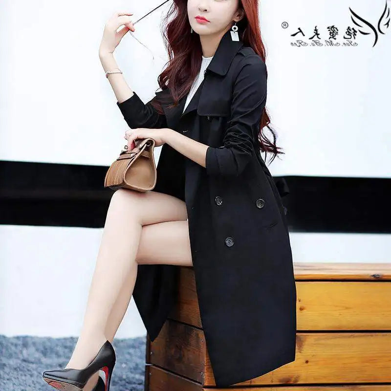 Spring Trench Coat for Women 2022 Turn-down Collar Slim Fit Double Breasted Female Long Black Overcoat Autumn Women's Clothing