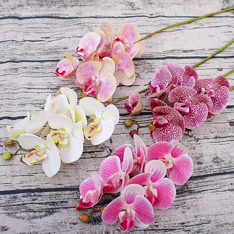 6 Heads Fake 3D Phalaenopsis White Silk Orchid Christmas Decoration for New Year Home Vases Wedding Artificial Plants Flowers