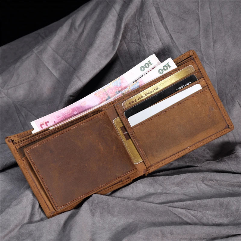 Men's Short Wallet Retro Genuine Leather Cowhide Crazy Horse Thin Cash Money Card Photo Coin Purse Holder For Man Gift B199