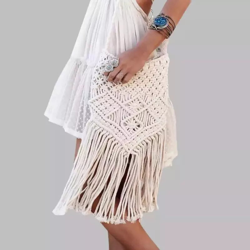 New Handmade Rope Woven Handbag Knitted Rattan Summer Beach Bag Tassel Bohe Bolsos Feminine Crochet Fringed Women Shoulder Bags