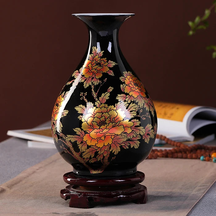 New Chinese Style Vase Jingdezhen Black Porcelain Crystal Glaze Flower Vase Home Decor Handmade Shining Famille Rose Vases