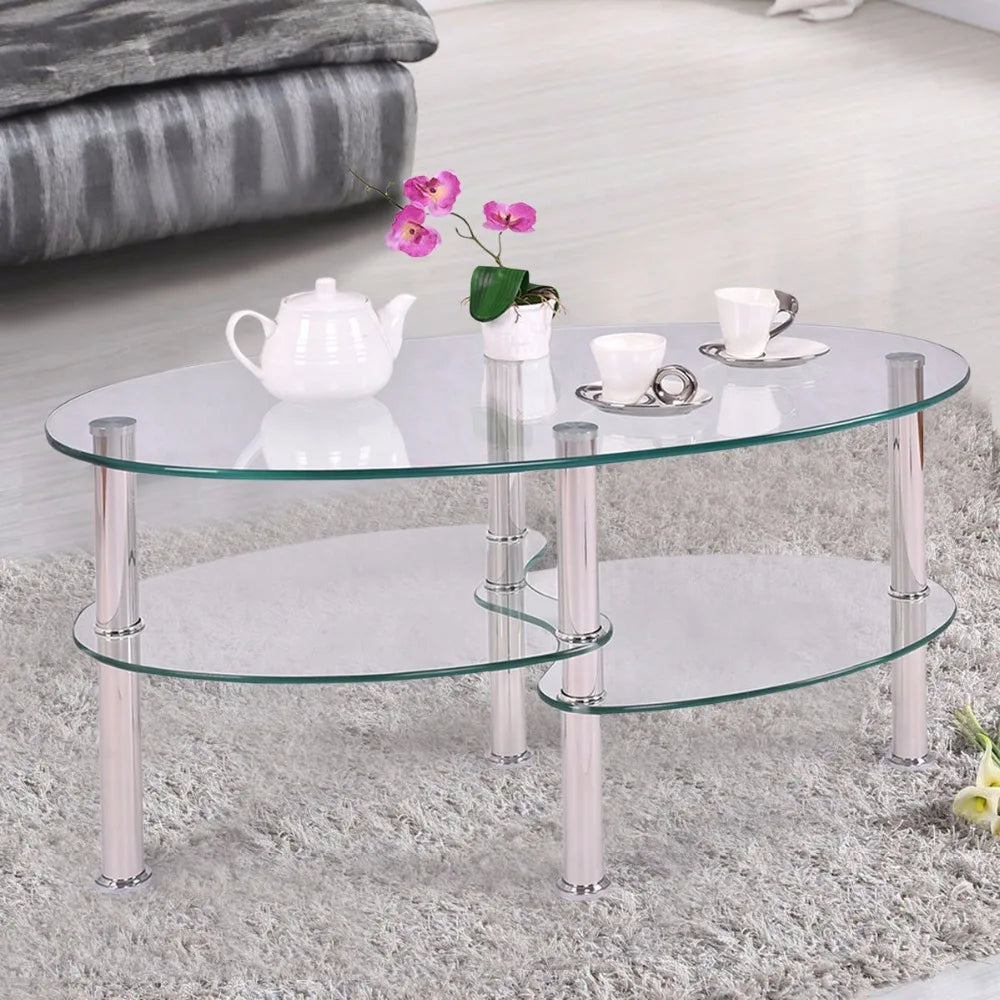 Goplus Tempered Glass Oval Side Coffee Table Shelf Chrome Base Living Room Clear Black Modern Coffee Table