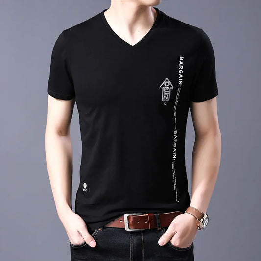 2023 New Fashion Brand T Shirts Mens V Neck Pattern Summer Tops  Street Style Trends Cotton Short Sleeve Tshirts Men Clothing