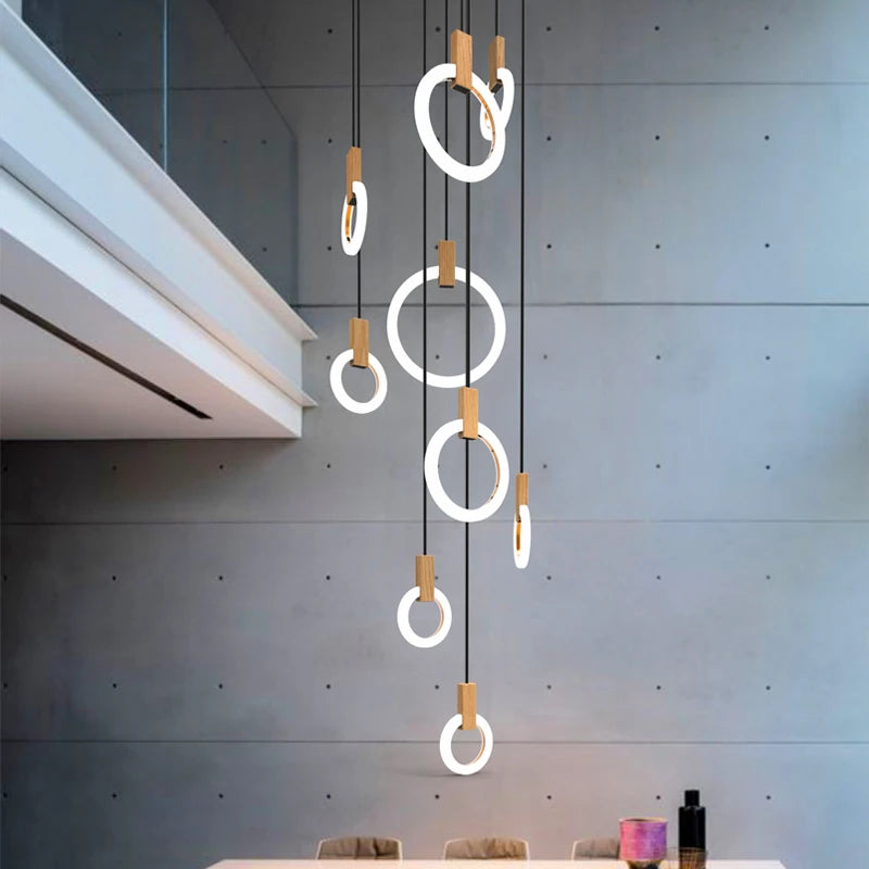 Modern LED stair chandelier lighting Nordic living room ceiling pendant lamps bedroom Acrylic rings fixtures Wood hanging lights