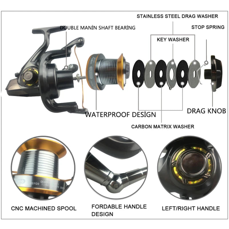 12+1 Ball Bearings Large Fishing Reels Spinning 5000-9000 Size Trolling Metal Fishing Reel Carp Molinete Reel Feeder pesca