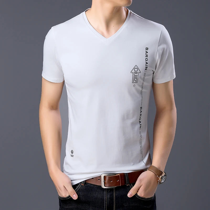 2023 New Fashion Brand T Shirts Mens V Neck Pattern Summer Tops  Street Style Trends Cotton Short Sleeve Tshirts Men Clothing