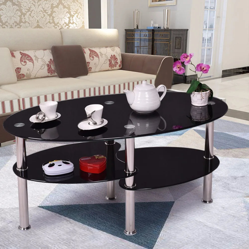 Goplus Tempered Glass Oval Side Coffee Table Shelf Chrome Base Living Room Clear Black Modern Coffee Table