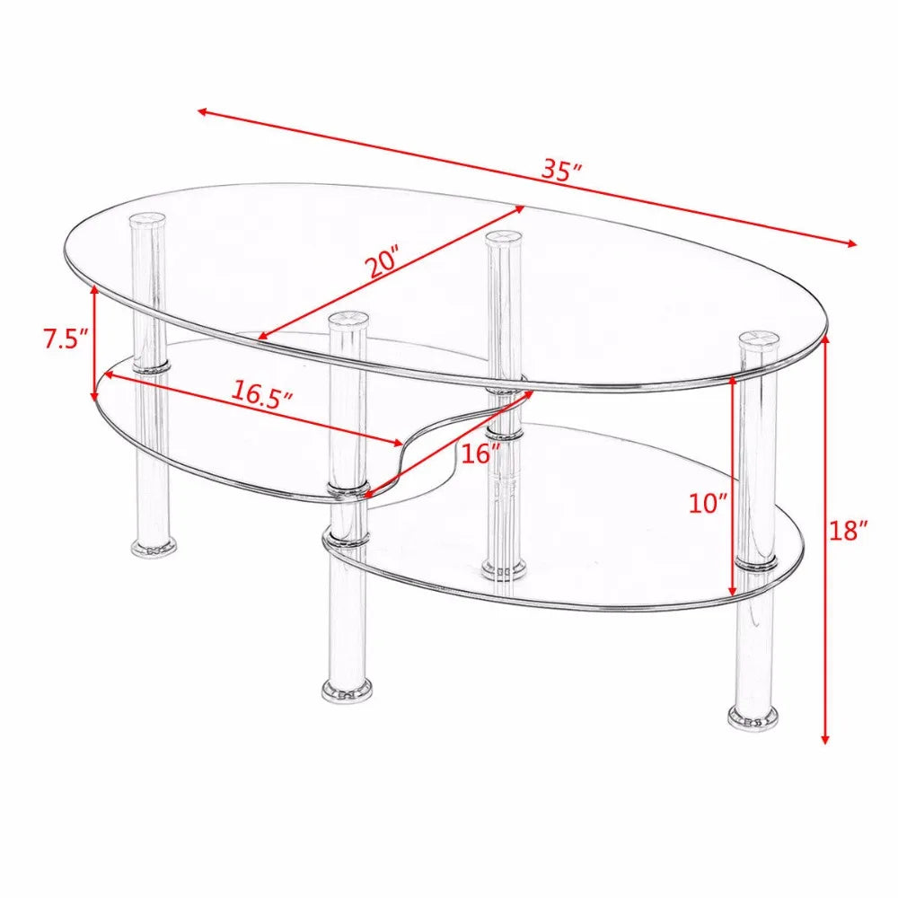 Goplus Tempered Glass Oval Side Coffee Table Shelf Chrome Base Living Room Clear Black Modern Coffee Table