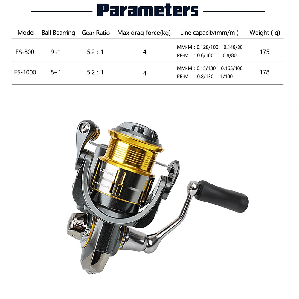 TSURINOYA FS800 FS1000 Spinning Reel Stainless Shallow Spool Ultra-Light Lure Baits Fishing Coil 10BB 5.2:1 4kg For Trout Peche