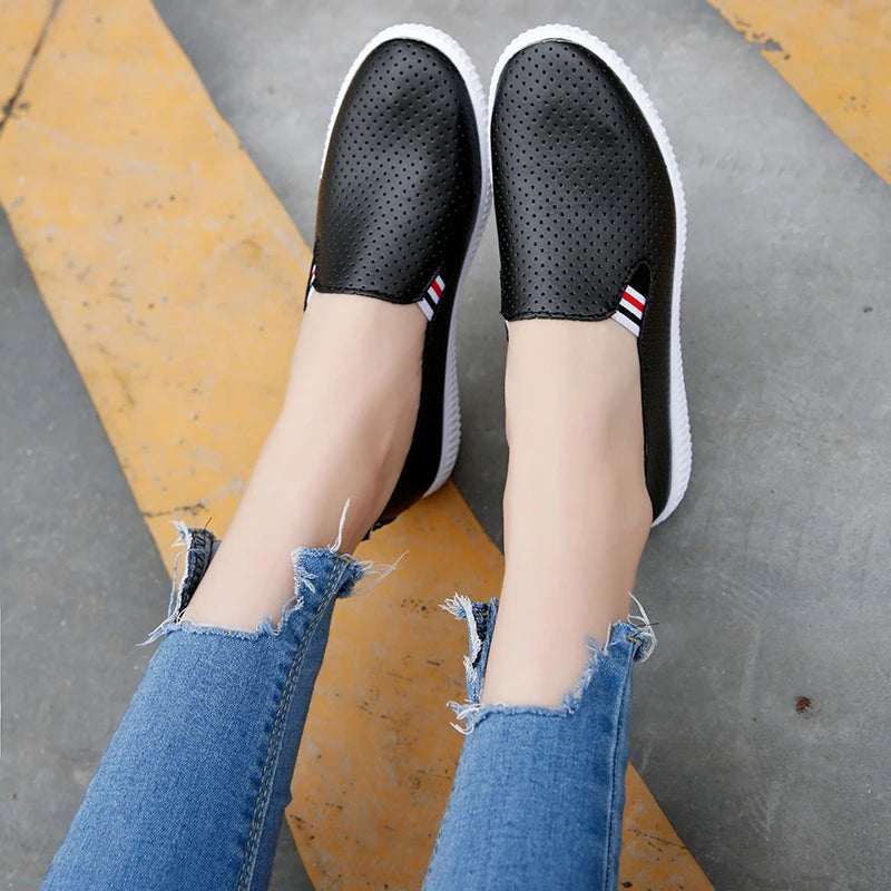 Women Sneakers White Flats Cut-Out Woman Loafers Pu Leather Slip on Shoes Low Heels Casual Shoes Espadrilles Ladies Shoes N7145