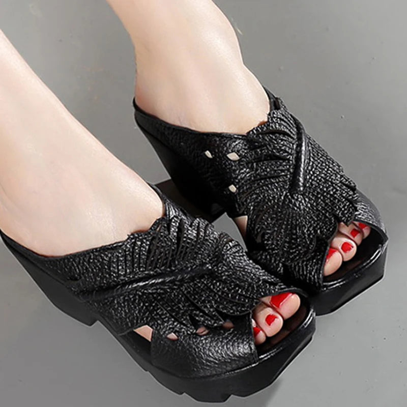 Genuine Leather Sandals For Women 2019 Summer Retro Handmade Ladies Shoes And Sandals Platform Sandals Women Chunky Heels Shoes