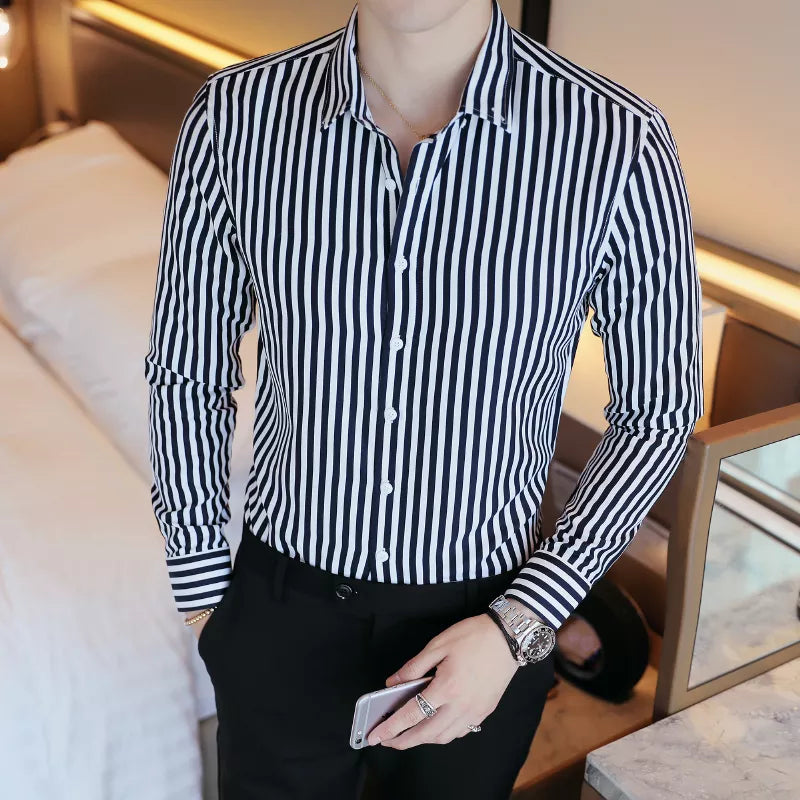 Camisas De Hombre Cheap Business Casual Elegant Striped Shirts For Men Clothing Slim Fit Long Sleeve Formal Mens Dress Shirts