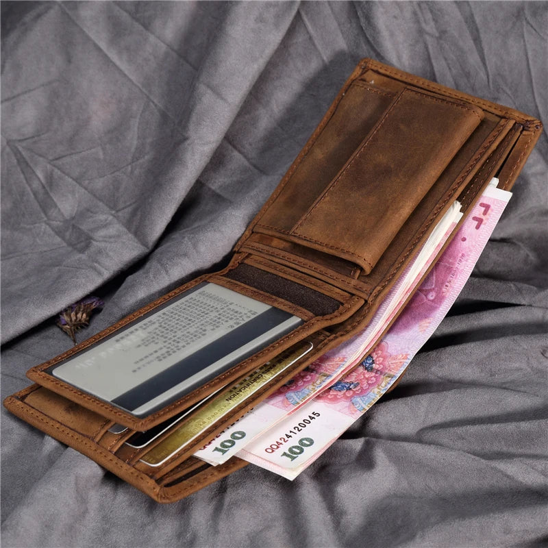 Men's Short Wallet Retro Genuine Leather Cowhide Crazy Horse Thin Cash Money Card Photo Coin Purse Holder For Man Gift B199