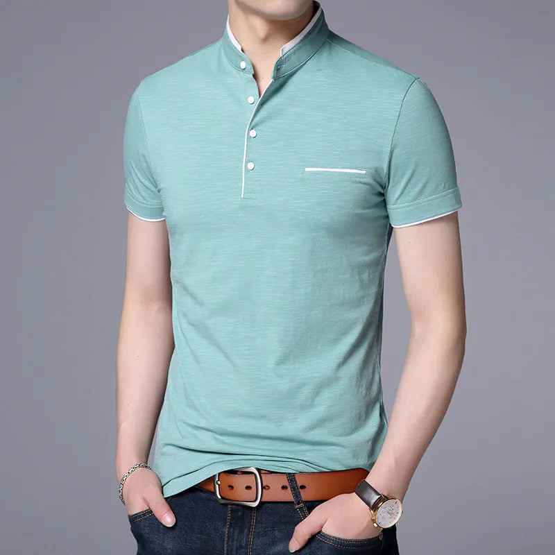 2023 New Fashion Brand Polo Shirt Men's Summer Mandarin Collar Slim Fit Solid Color Button Breathable Polos Casual Men Clothing