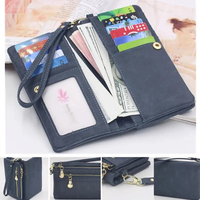 2023 New Vintage Frosted Double Zipper Long Wallet Large Capacity Women Folding Mobile Bag Women Wallet