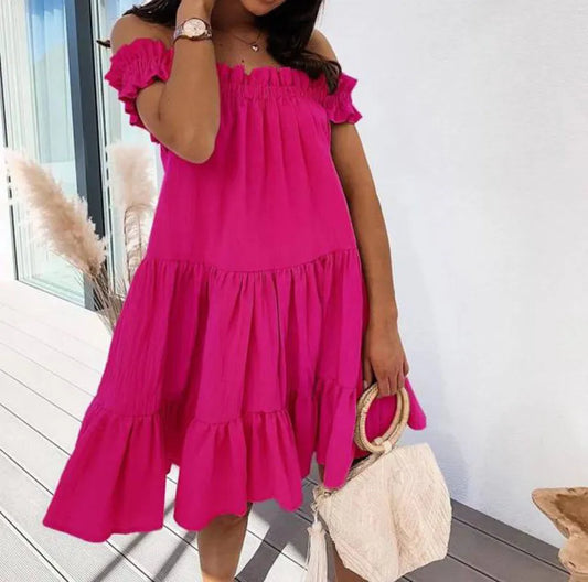 Summer Dress Women's Clothing 2021 A-Line Dresses Ruffles Slash Neck Short Sleeve Loose Mini Dress For Women Vestidos Femme Robe