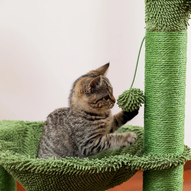 Cactus Cat Scratching Post with Sisal Rope Cat Scratcher Tree Towel with Comfortable Spacious Hammock Cats Climbing Frame