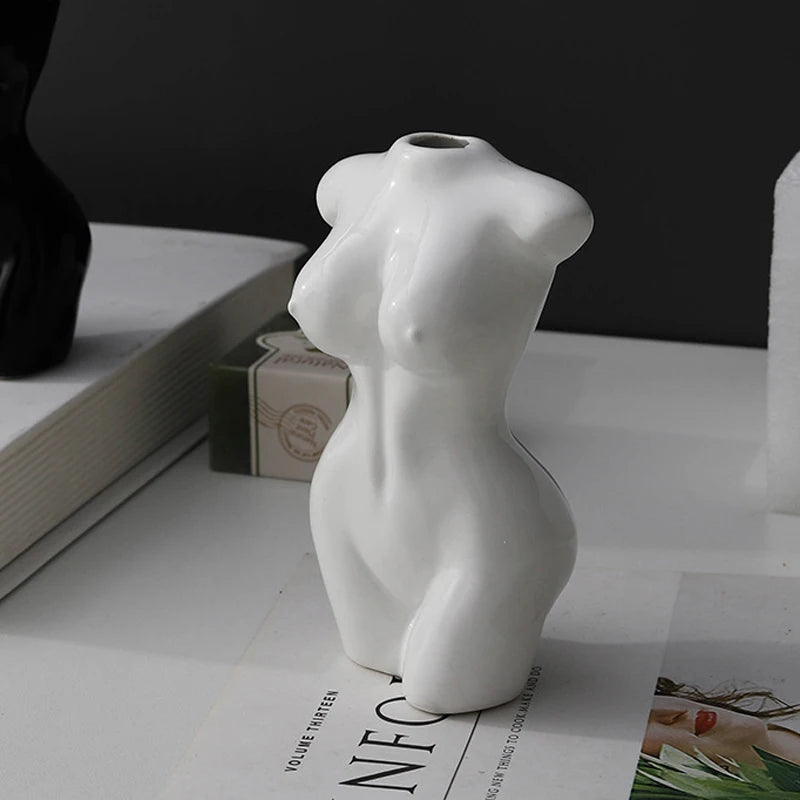 Cute Small White Black Gold Silver Bust Vases Female Body Art Vase Glazed Ceramic Decorative Figurines Home Decor Creative Gifts